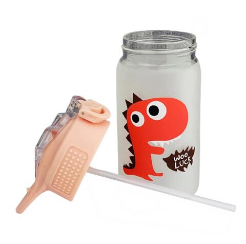 Dinasaur Water Glass Bottle with Straw Pink 350ml