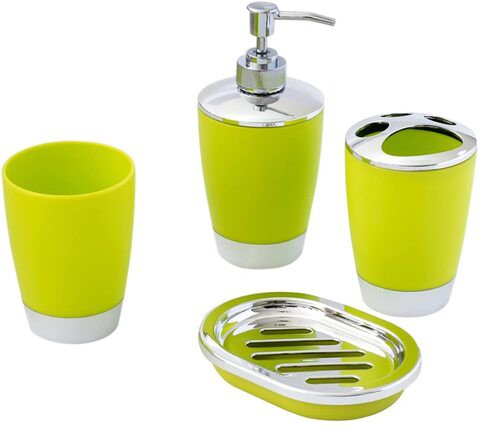 Bathroom Accessories Set 4 Piece Bath Ensemble with Smooth Surface Includes Soap Dispenser, Toothbrush Holder, Toothbrush Cup, Soap Dish for Decorative Countertop and Housewarming Gift, Lime Green