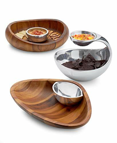 Namb&egrave; Nambe Butterfly Curved Acacia Wood Chip And Dip Bowl 16&quot; With Inner Nambe Alloy Metal Dip Bowl 5.5&quot;