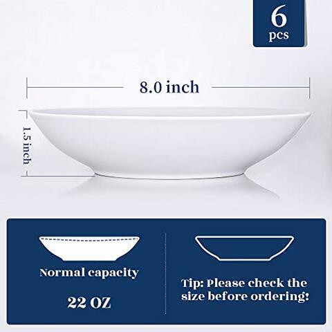 Y YHY 22 Ounces Porcelain Salad Pasta Bowls, Soup Bowl Set, Shallow and White, Set of 6