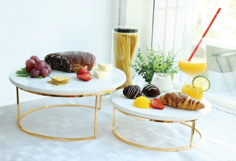 Cuisine Art Set Of 2 Pcs Marble Serving Tray With Gold Stand, Serving Set, Partyware Set In Color Box - Gold