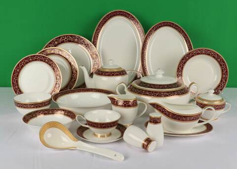 XIANGYU Dinner Set Porcelain Gold, 115pcs tea set; 10&#39;5 flat plate- (12) , 8&#39; soup plate- (12) 8&#39; flat plate- (12), 7&#39;5 flat plate- (12) 6&#39; salad bowl- (12), &#39;tea pot (1set)- (2) Tea cup/Saucer(12set)