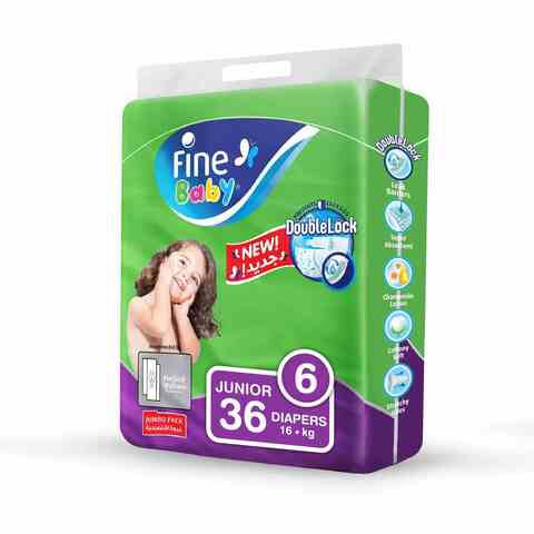 Fine Baby Diapers, DoubleLock Technology , Size 6, Junior 16kg +, Jumbo Pack, 36 diaper count