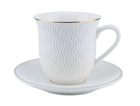 SHALLOW BONE CHINA COFFEE CUP AND SAUCER SET,WHITE/GOLD, 90CC, FPR-90-719, 12 PIECES