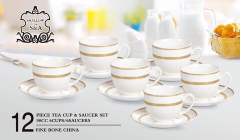 SHALLOW BONE CHINA CUPS AND SAUCERS SET, WHITE/GOLD, 90 CC, TS-90-LIN-A, 12PIECES