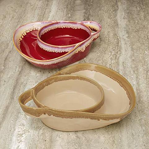 Set of 2 Cream and Red Stoneware Soup &amp; Side Bowls by Unique&#39;s Shop