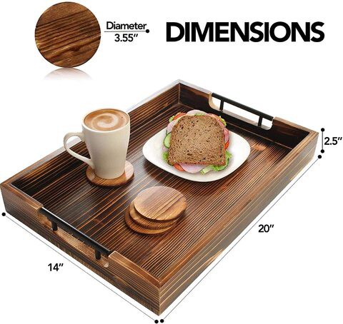 Wooden Ottoman Tray with Handle - Handmade Tray Platters for Kitchen Tray with 4 Coasters