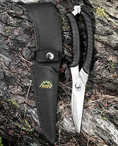 Outdoor Edge Game Shears - Spring Loaded with Serrated and Bone-Breaking Notch for Quartering Birds, Small Game, Fish Nylon Belt Sheath