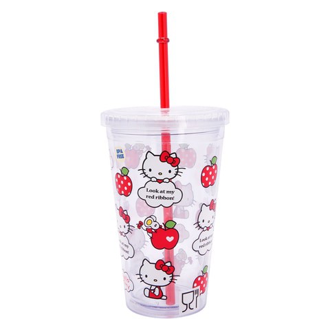 Hello Kitty Leak Proof Straw Cup, Clear, Apple KT Logo Printed 450 ml