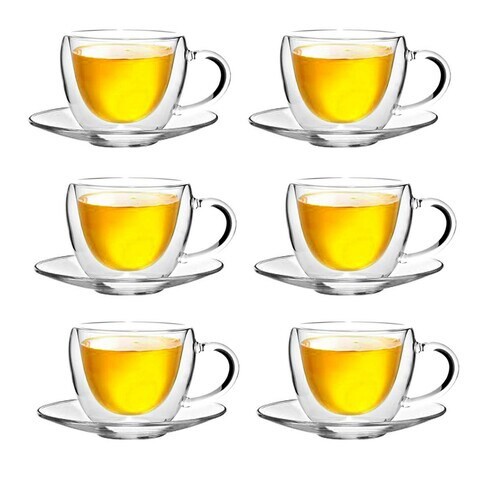 LIHAN Double Wall Glass Teapot Set Combined With  Teapot 1 x 600ml ,1 Candle Warmer ,  Clear Classic designedTeacups and Sauce [6 x 120ml], Heat-resistant Stovetop Dishwasher Safe Teapot with Removabl