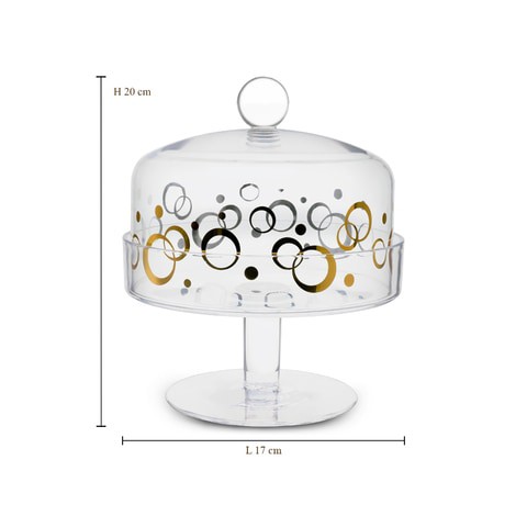 Al Hoora 17*17*H20cm Round Acrylic Cake Serving Clear Stand With Gold Pattern Clear Cover And Simple Round Knob And Box