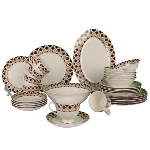 Dinner Set Porcelain Gold, 32pcs tea set; (12)pcs tea cup/saucer, (6) 10&#39;5 flat plate, (6) 7&#39;5 flat plate, (6) 6&#39; salad bowl, (1) 6&#39; salad bowl, (1) 14&#39; oval plate. New Ceramic Bone China, The rich an