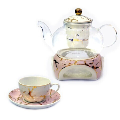 LIHAN  Porcelain Tea Set Combined with Heat-Resistant Glass Teapot 1*600ml,Cups 6*125ml,6 Sauces ,1 Candle Warmer,Pink Classic Design for Family Party Use