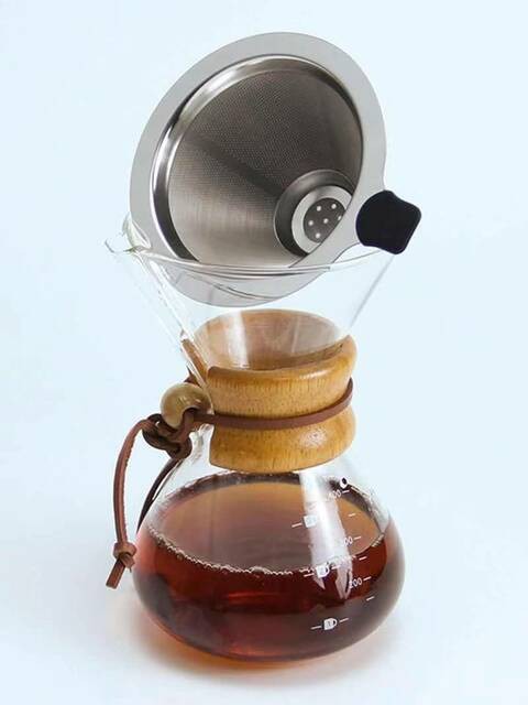 LIHAN  V60 Pour Over Coffee Maker with Borosilicate Glass Carafe and Reusable Stainless Steel Permanent Filter Manual V60 Coffee Dripper Brewer with Real Light Brown Wood Sleeve - 400ml