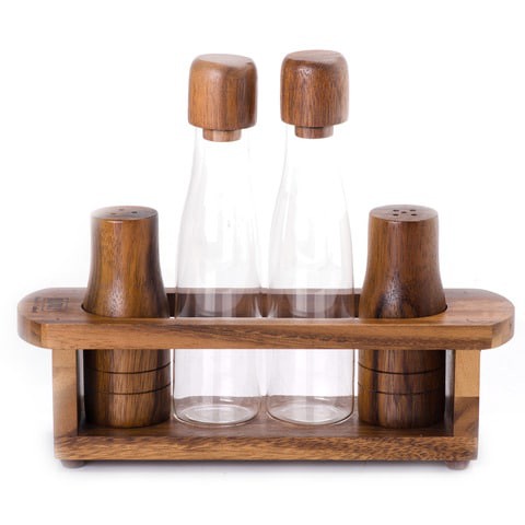 BILLI WOODEN OIL, VINEGAR, SALT &amp; PEPPER CANISTER SET, BROWN, ACA-622