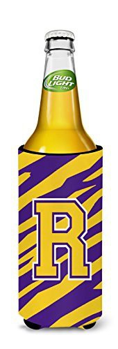 Caroline&#39;s Treasures Monogram - Tiger Stripe - Purple Gold Letter R Ultra Beverage Insulators For Slim Cans