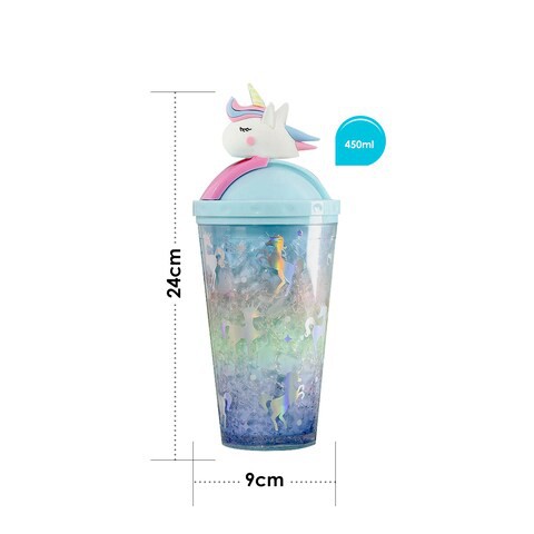 ALISSA-450ml Creative Unicorn Cartoon Straw Mug With Lid Thermal Insulation Double Wall Plastic Cup, Turquoise.