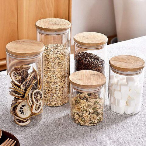 FUFU Bamboo Lid Glass Jars Set -  Stackable Kitchen Canisters Set,Clear Glass Bulk Food Storage Canister for Coffee, Flour, Sugar, Candy, Cookie, Spice,Set of 2 (1200ML)