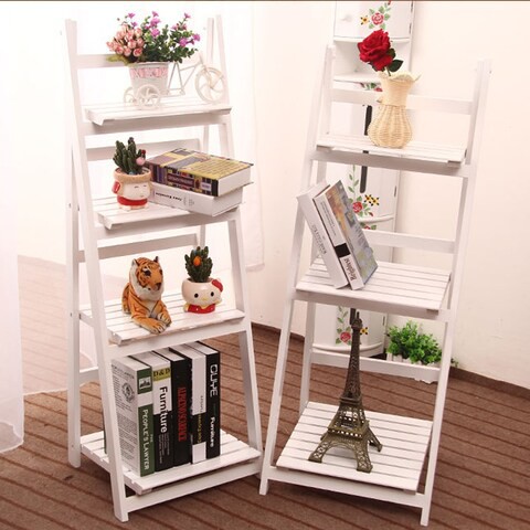 LINGWEI Ladder Design Foldable Wooden Flower Rack Book Shelves Storage Stand Flower Pot Holder For Bedroom Office Restaurants Home Decor 3 floor White