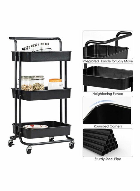 3-Tier Utility Cart Rolling Storage Shelf With Handles 2 Lockable Wheels Black 86x42x30centimeter