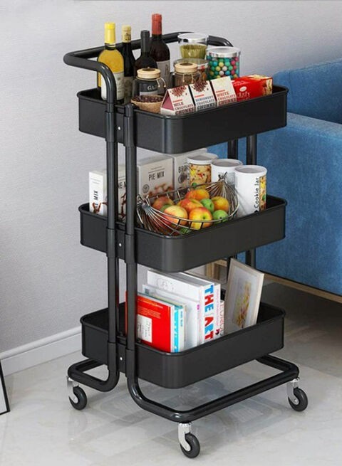 3-Tier Rolling Shelves Metal Cart Organizer Black 85x45x35centimeter