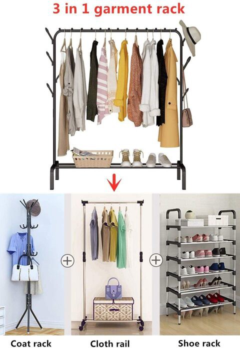 Althiqah Clothes Rack Metal Garment Racks Heavy Duty Indoor Bedroom Cool Clothing Hanger With Top Rod And Lower Storage Shelf High Storage Rack (110cm With 8 hook, White)