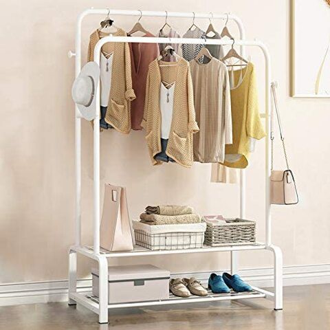 Clothing Double Rod Garment Rack with Shelves, Metal Hang Dry Clothes Rack for Hanging Clothes，Double layer ，4 Hooks，White (47.5inch)