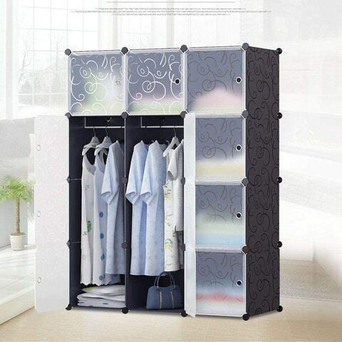 Generic Portable Closet Clothes Wardrobe Bedroom Armoire Storage Organizer With Doors, Capacious &amp; Sturdy, Black, 6 Cubes+2 Hanging Sections