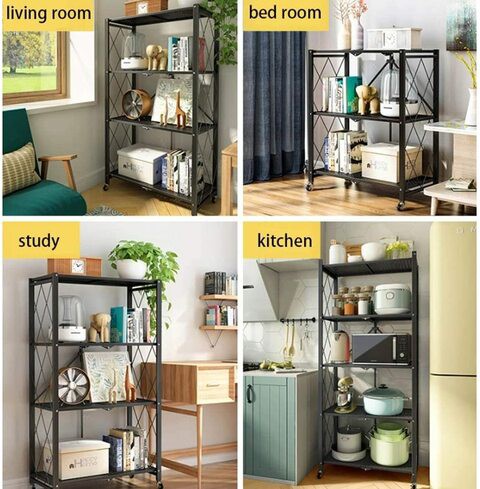 Pusdon 4-Tire Kitchen Microwave Racks Shelving Storage Unit Foldable Bread Racks, Storage Racks, Trolleys, Metal Organizer Wire Rack For Home Kitchen (Black-1, 4 Layer)