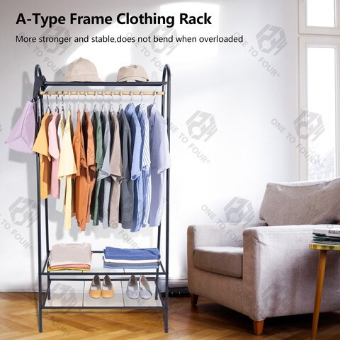 ONE TO FOUR Garment Rack Heavy Duty Free-Standing Clothes Rack With Top Rod, Multi-Functional Bedroom Hangers With 2 Shoe Shelves, Black