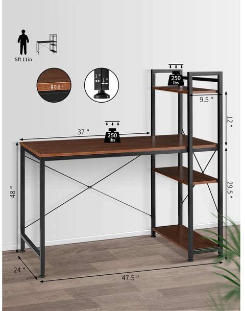 IBAMA Home Office Desk With 4 Tier Shelves, Work Study Gaming And Writing Table With Storage Bookshelves Modern Wood And Steel Frame Compact Workstation