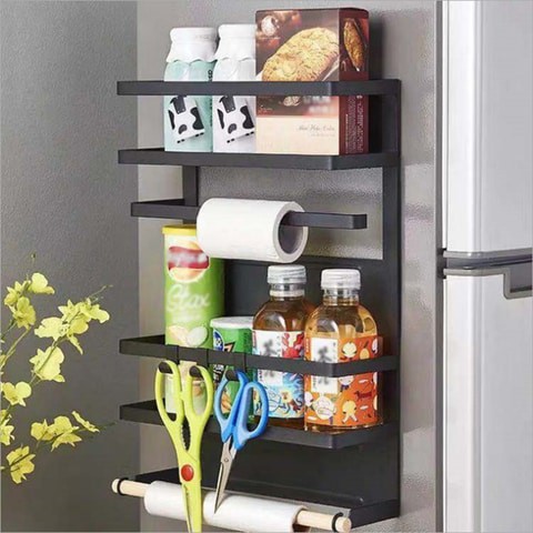 Generic-LSF2019052 Kitchen Rack Fridge Organizer Refrigerator Side Shelf Magnetic Fridge Organizer Paper Towel Holder Spice Jars Rack Kitchen Storage Seasoning Jars Organizer Refrigerator Shelf Storage