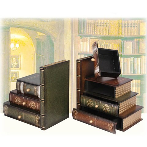 Ling Wei - Books Wood Bookends with Desktop Organizer Drawer Units, Set of 2,