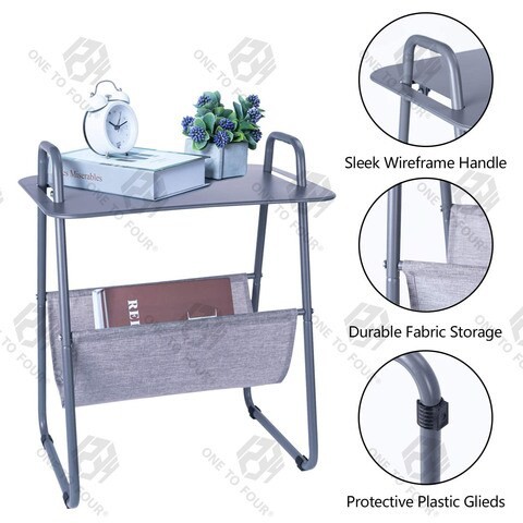 ONE TO FOUR End Table, Side Table, Metal Frame Nightstand Easy Assembly &amp; Sturdy Sofa Coffee Table With Storage Basket, Grey