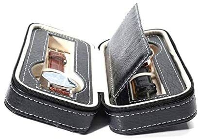 Luxury Leather Portable Watch Travel Case Black Zipper Book 2 Slots Box