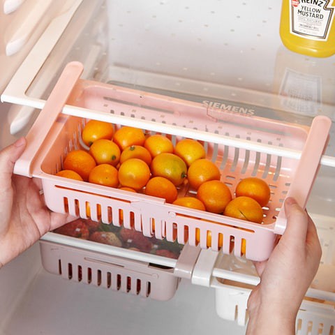 Generic-Kitchen PP Storage Box Food Fruit Container  Organizer Rack Pull-out Drawer Stretch Refrigerator Storage Basket Pink