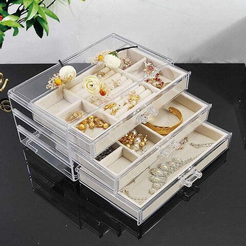 Xykily jewellery Box For Women With 3 Drawers, Velvet Jewellery Organiser For Earring Bangle Bracelet Necklace And Rings Storage Clear Acrylic Jewellery Box Earring Holder (24X13X10Cm, A-Beige)