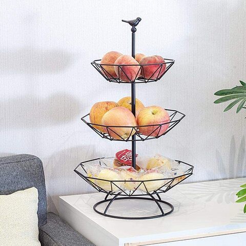 NuSense 3 Tier Metal Basket Decorative Modern Fruit Rack with Large Capacity for Fruit Vegetables Bread and Snacks (Black)