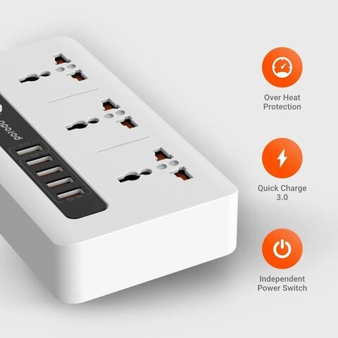 Porodo Power Socket Strip, 4 USB Port 3.4A + 1 Quick Charge 3.0 With 3 Universal Power Sockets 10A, Independent Power Switch With Timer,Sockets USB HUBS,Charging Station,Over Heat Protection (White)