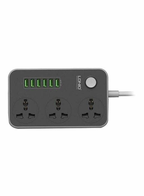 3-Power Socket And 6-Port USB Adapter Grey 2 meter