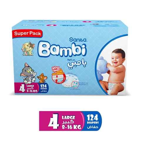 Sanita Bambi Size 4 Large 8-16 kg Super Box 124 Diapers