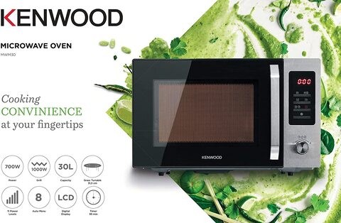 Kenwood 30L Microwave Oven with Grill, Digital Display, 5 Power Levels, Defrost Function, Stainless Steel, Auto Menu, 95 Minutes Timer, Clock Function 1000W MWM30.000BK Black/Silver