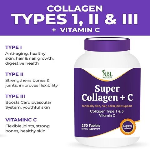 NBL Super Collagen with Vitamin C, Collagen Peptides Types 1 & 3 for Hair, Skin, Nails & Joints - 6000 mg - 250 Tablets