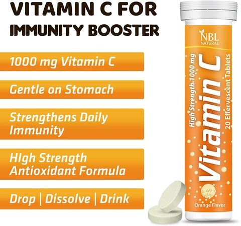 NBL Natural Vitamin C 1000mg, Orange Flavor, Immune System Booster, Powerful Antioxidant, 20 Effervescent Tablets