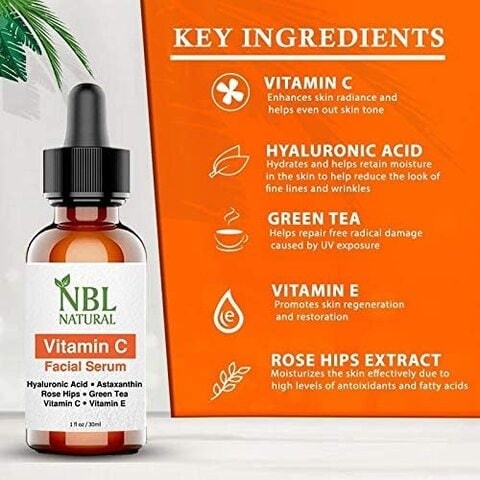 NBL Natural Vitamin C Brightening Face Serum Antioxidant Vitamin C Serum with Hyaluronic Acid and Green Tea Extract 30ml