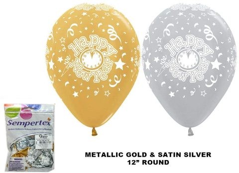 Simpertex Round Balloons 12 Inch Metallic Gold Silver Satin Happy New Year Latex Balloons