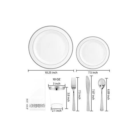 طقم أطباق للاستعمال مرة واحدة 175 قطعة من Aiwanto طقم أطباق عشاء لحفلات الزفاف مجموعة أطباق بلاستيكية فضية للاستعمال مرة واحدة