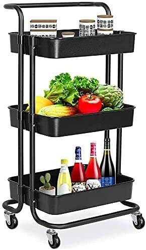 Orchid 3-Tier Multiuse Kitchen Organizer Rack Storage Trolleys Removable Storage Tower Rack Bathroom Shelf with Wheels and armrest Slim Rolling Storage Rack | Rolling Cart with Wheels Handle (Black)