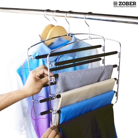 ZOBER 5 Layer Pants Hanger Stainless Steel Slack Hangers with Foam Coated Swing Arms Hang scarfs, pants, trousers, jeans etc. (2)