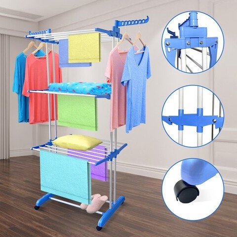 Heavy Duty Three Layer Carbon Steel Full Size Clothes Drying Rack, Laundry Rack, Blue